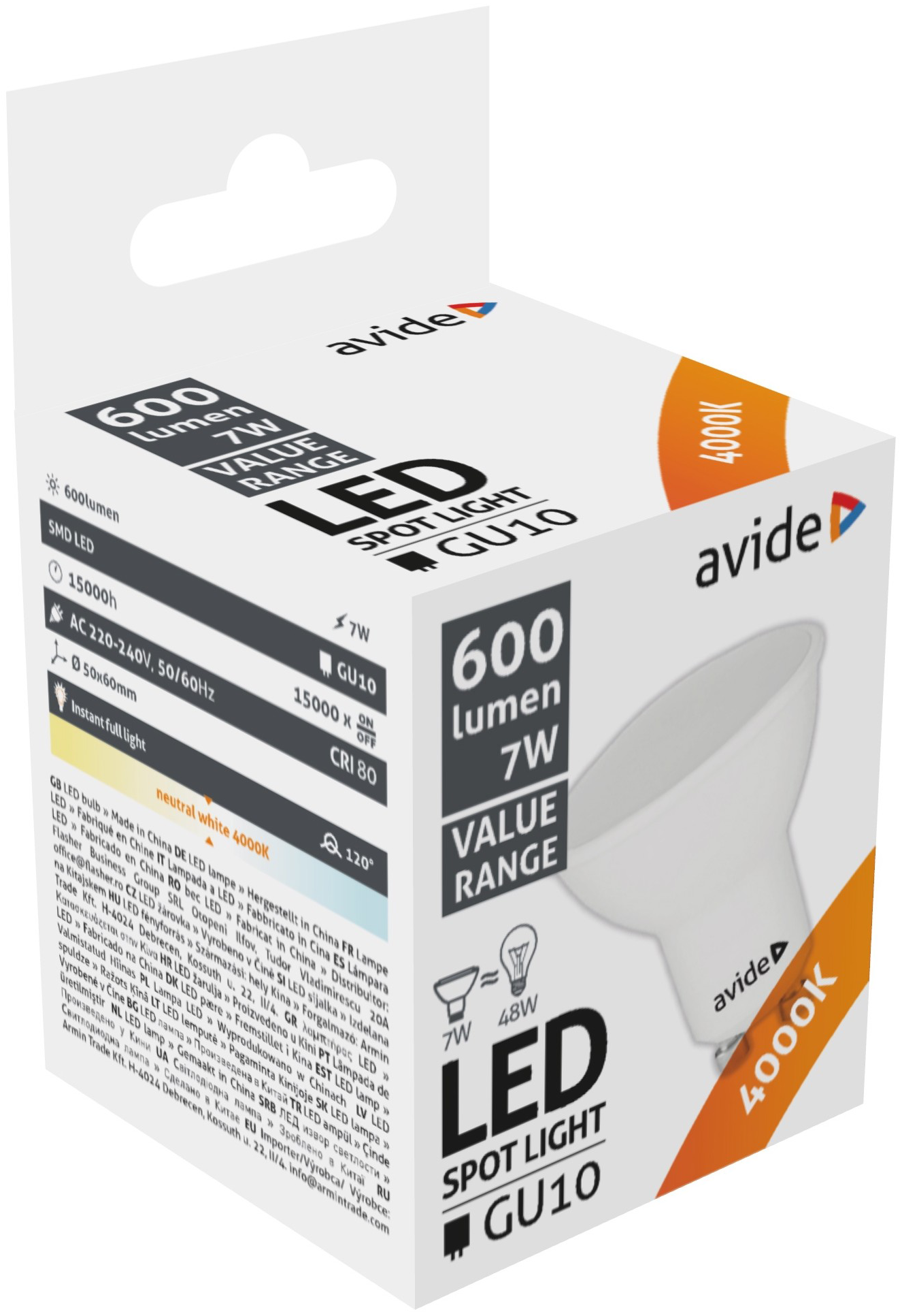 Egy fehér doboz LED spotlámpát mutat. Szöveg: '600 lumen', '7W', '4000K'. Az 'avide' márka látható.