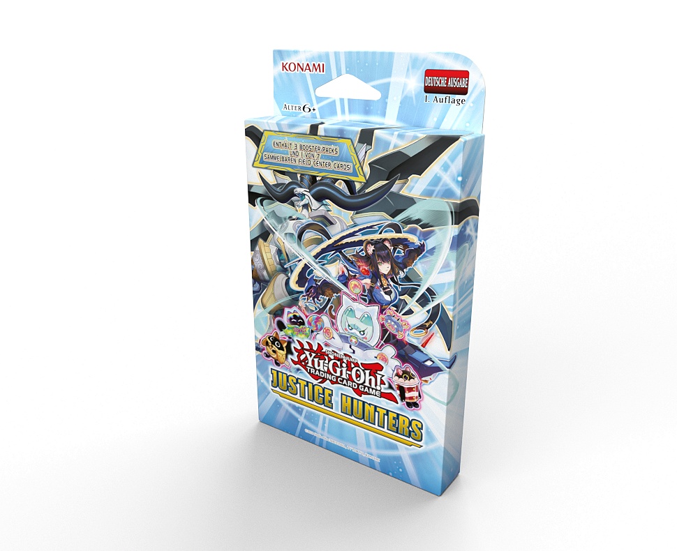 Eine Yu-Gi-Oh! Justice Hunters Trading Card Game Box. Sie hat farbenfrohe Charaktere, Text und ist auf Deutsch. Die Box ist blau und weiß.