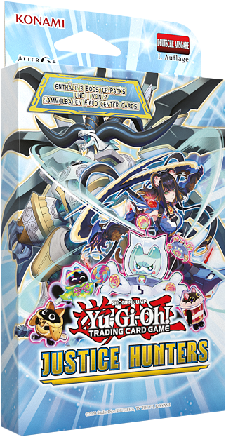 Yu-Gi-Oh! Justice Hunters Kartenspielbox mit Anime-Charakteren und Text in Deutsch und Englisch.