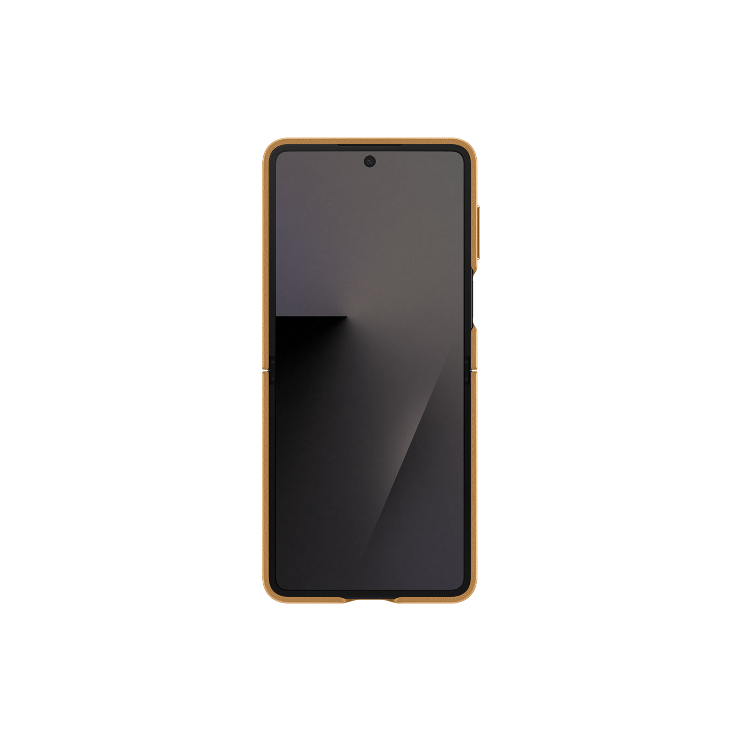 Un smartphone con una funda dorada sobre un fondo negro. La pantalla es oscura y hay una cámara en la parte superior.