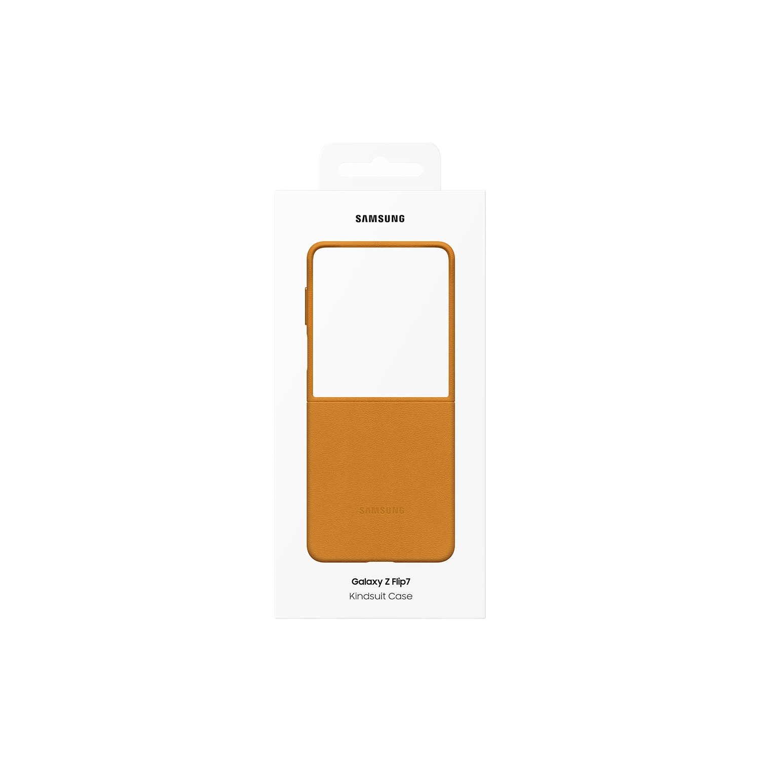 Funda naranja para Galaxy Z Flip7 en caja blanca. La caja dice Samsung y Kindsuit Case.