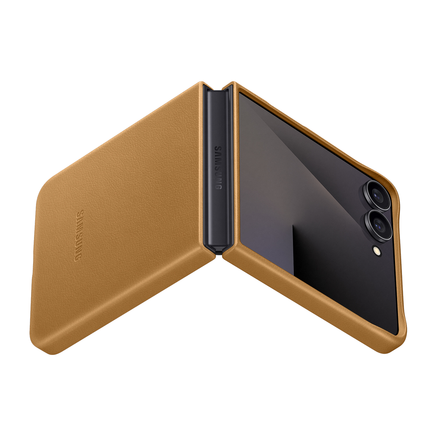 Un teléfono Samsung Z Flip en una funda de cuero marrón claro, abierto. El teléfono es negro y la funda es marrón claro. Fondo negro.