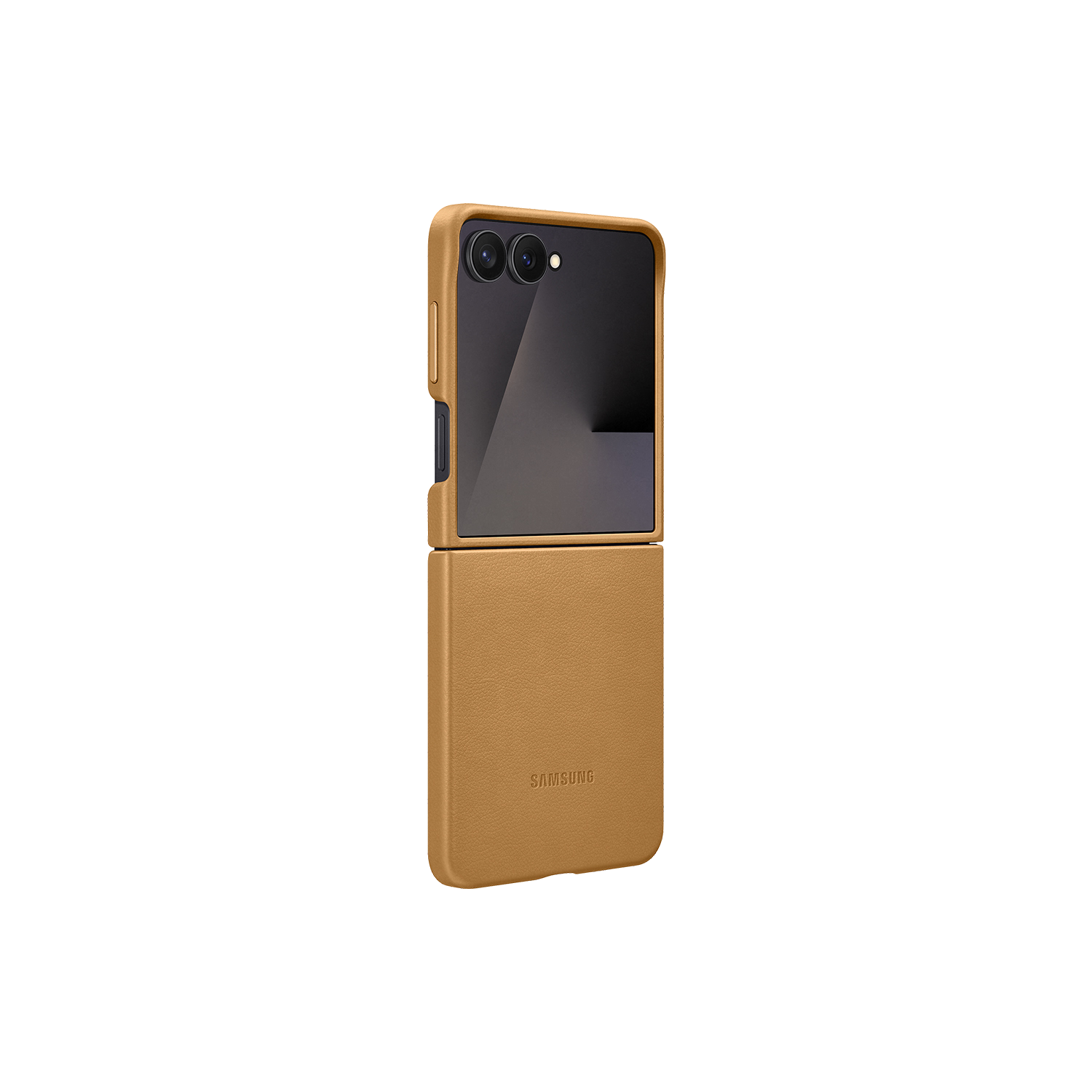 Una funda marrón de teléfono Samsung, parcialmente abierta, revelando una pantalla negra y dos lentes de cámara. El fondo es negro.