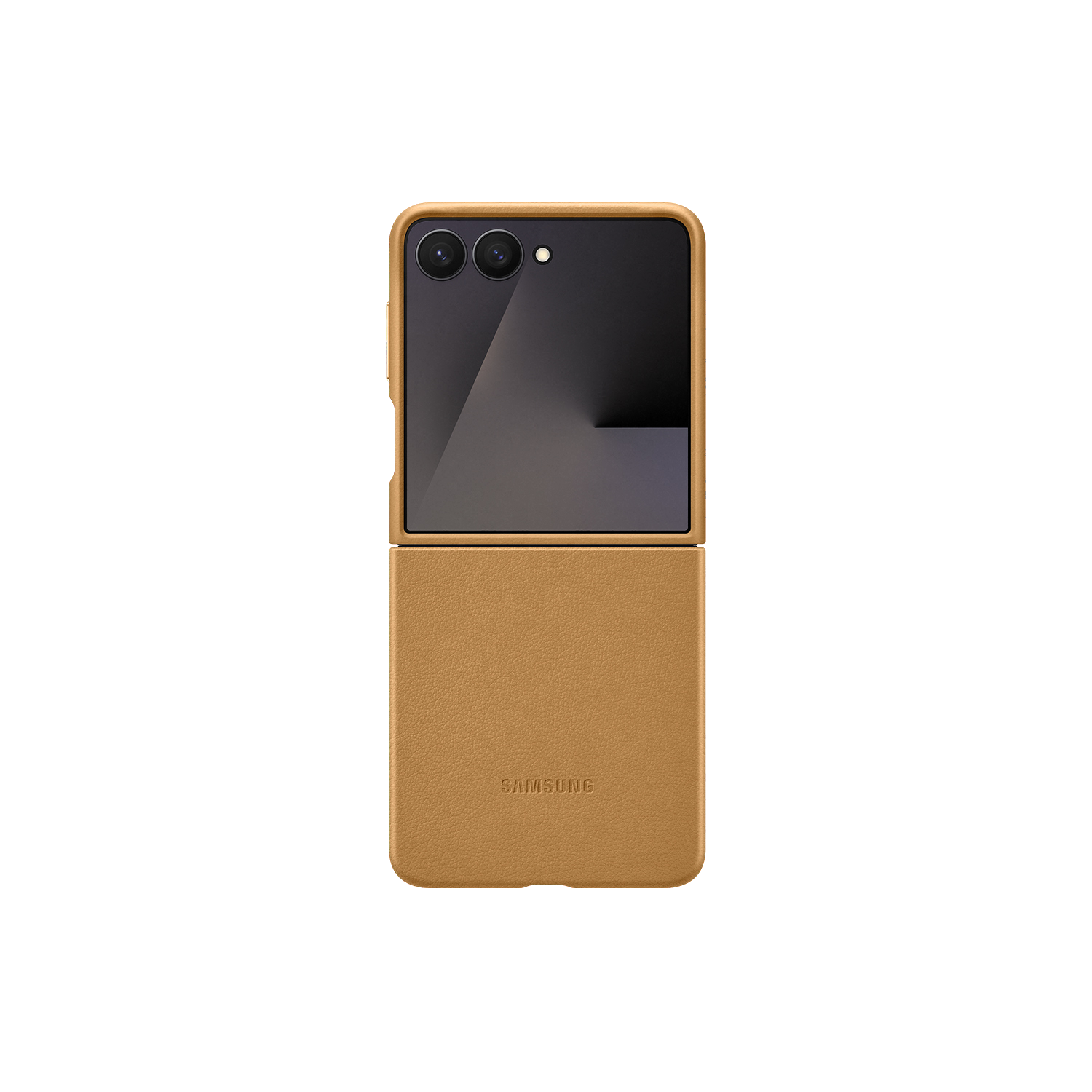 Un teléfono plegable en una funda marrón. El teléfono es negro cuando está desplegado. La funda tiene el logotipo de Samsung.