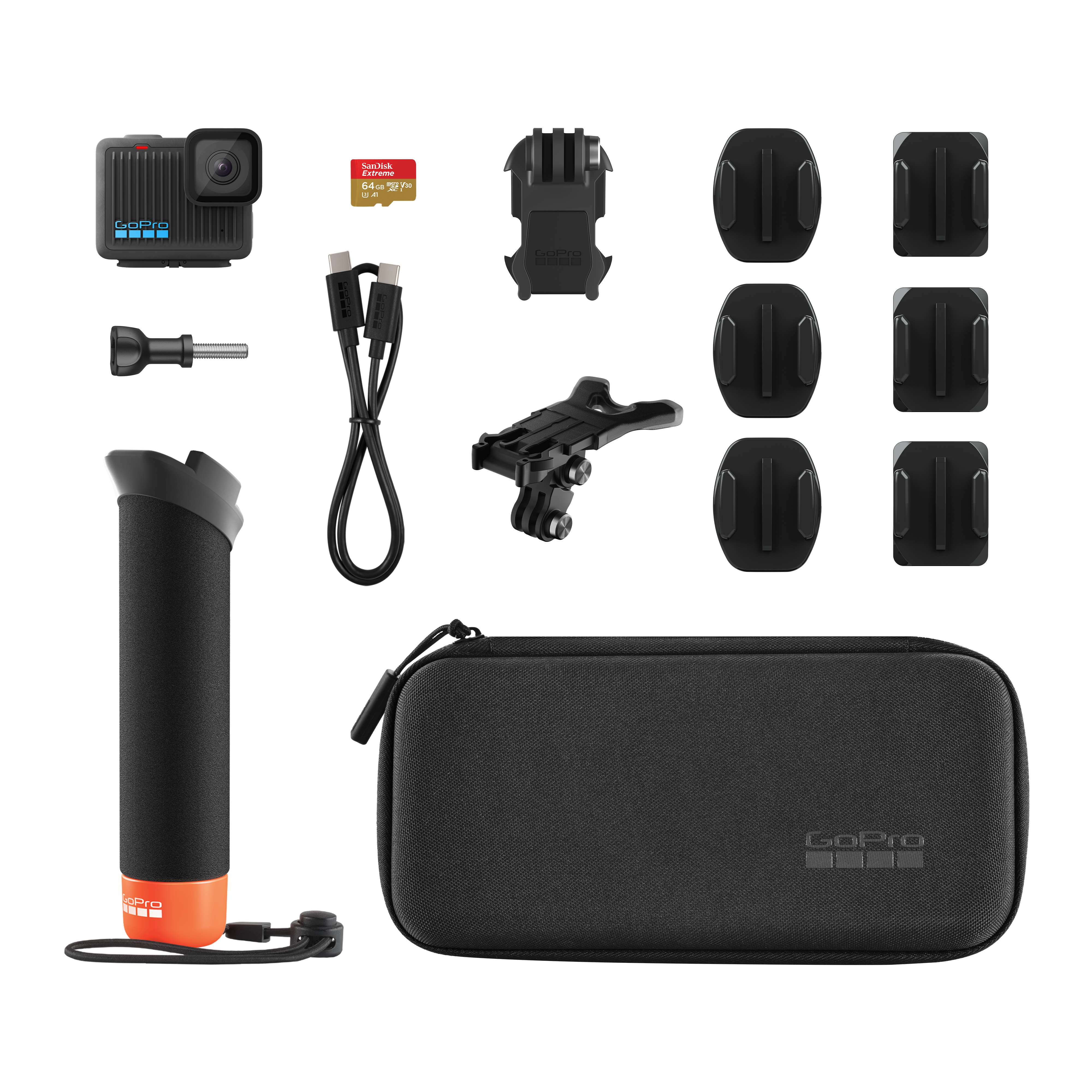 GoPro kamera tartozékokkal: fogantyú, tartók, SD-kártya, kábel és tok, mind szépen elrendezve.