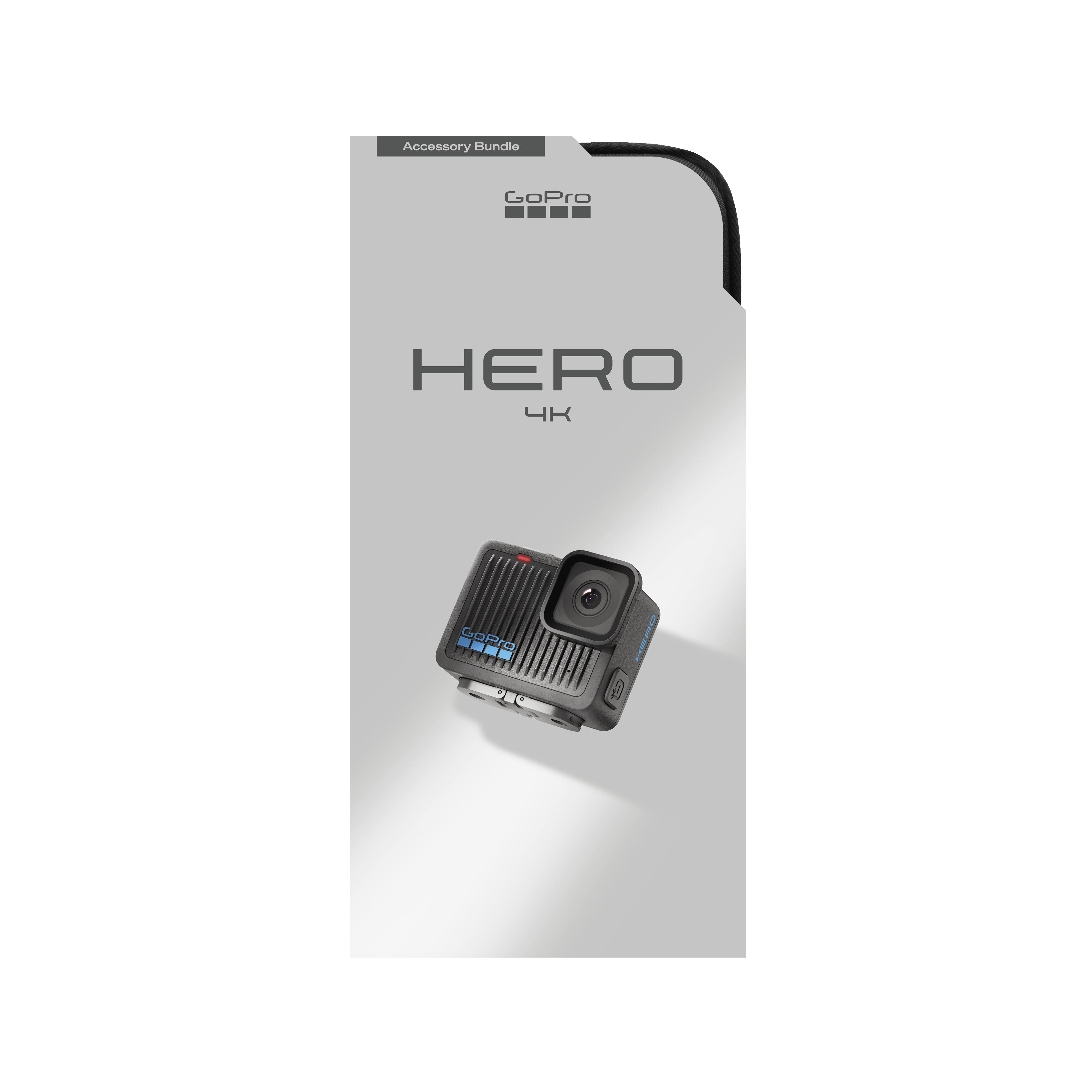 Egy GoPro Hero 4K kamera fehér háttéren. A kamera fekete és szürke, a GoPro logóval. Tartozék csomag szöveg.