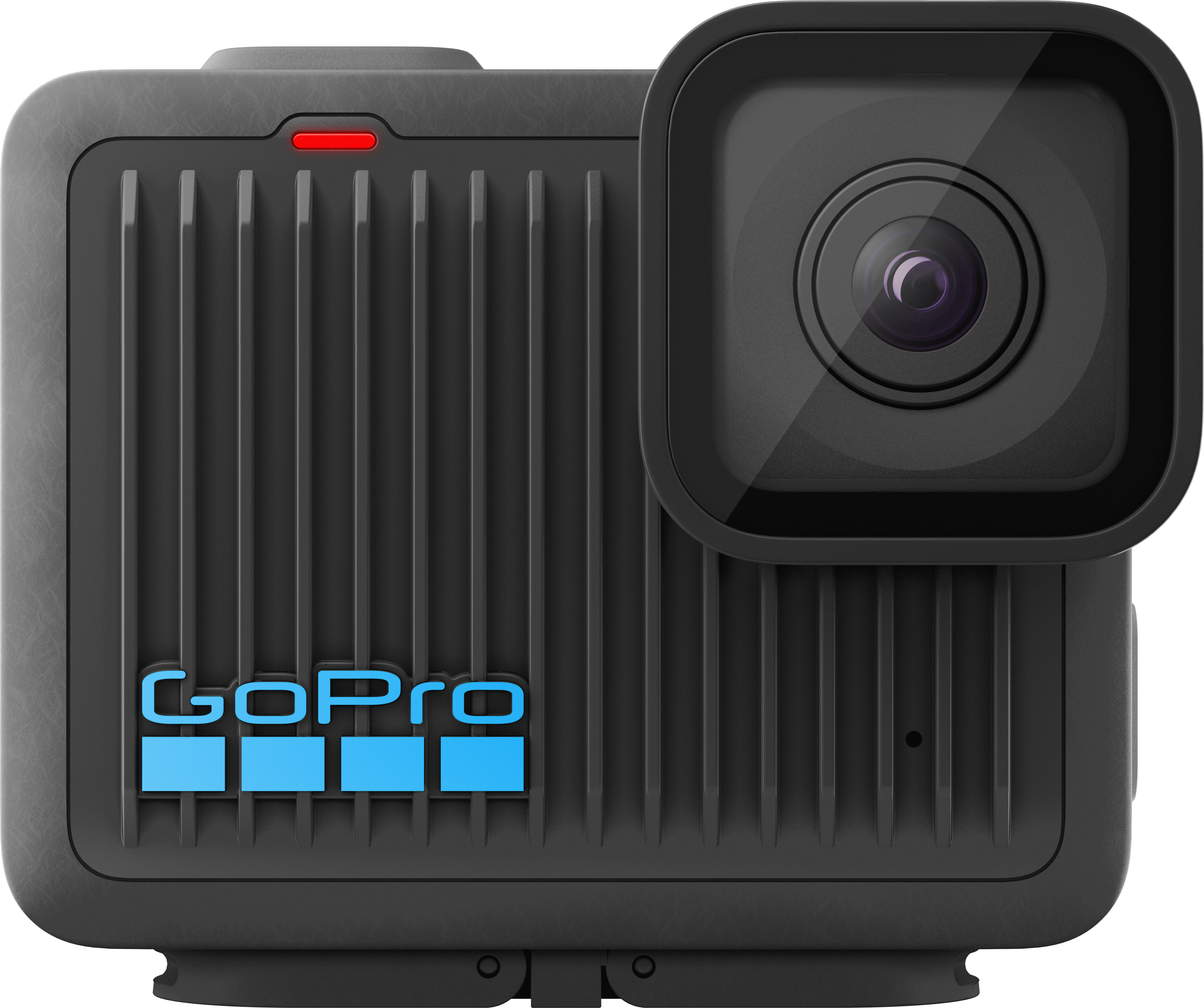Egy fekete GoPro kamera, kiemelkedő objektívvel, GoPro logóval és piros fénnyel fekete háttéren.
