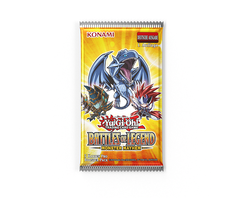 Eine Yu-Gi-Oh!-Battles of Legend Boosterpackung. Sie zeigt einen blauen Drachen mit offenem Mund und zwei weitere Charaktere vor gelbem Hintergrund.