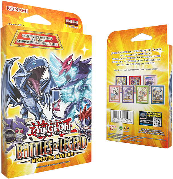 Yu-Gi-Oh! Trading Card Game Box. Vorderseite Monster, Text auf Deutsch. Rückseite Karten und Details. Gelber Hintergrund.