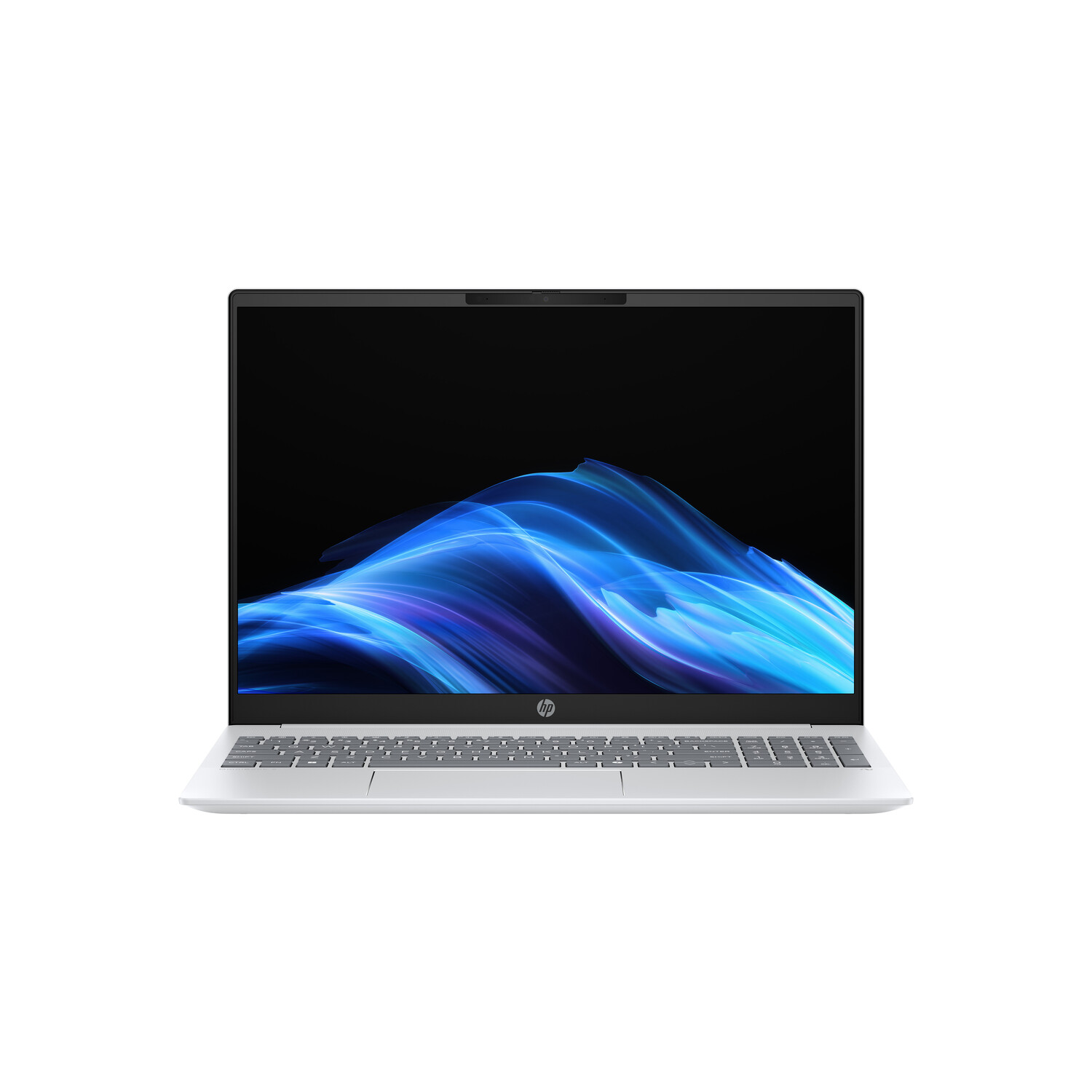 A silver HP laptop is open, displaying a blue and black wave design on the screen. The keyboard is visible and the background is white.