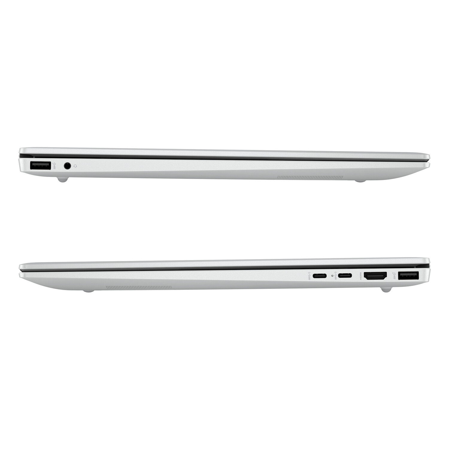 Two side views of a silver laptop, showing ports. Top: USB, audio jack. Bottom: USB, HDMI, and other ports.