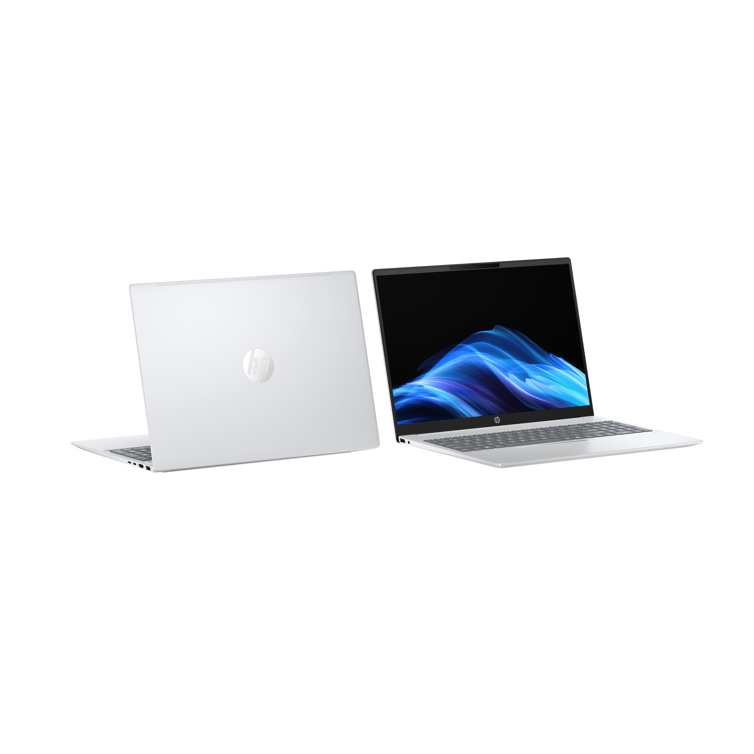 Two silver HP laptops are displayed. One is closed, showing the HP logo. The other is open, the screen displays a blue and white pattern.