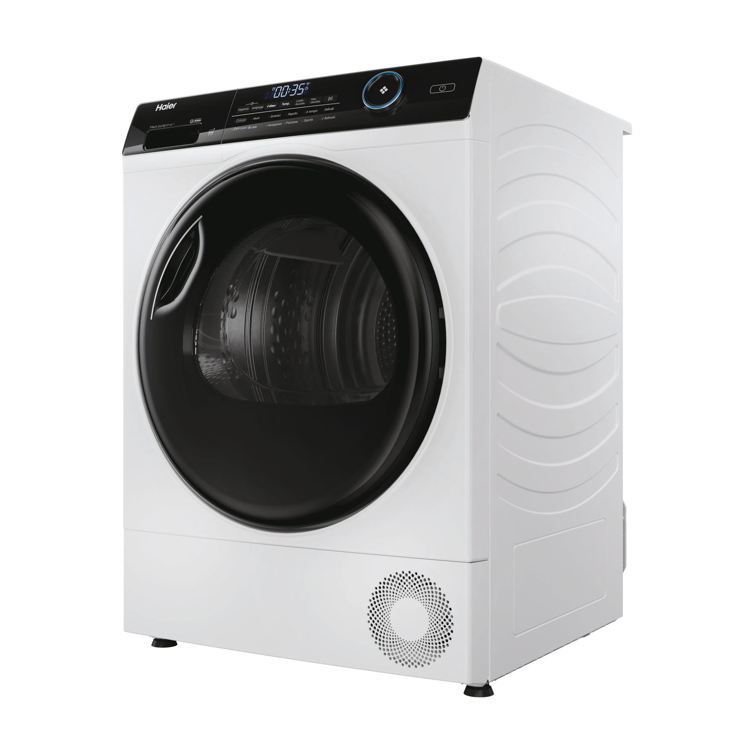 Si vede un'asciugatrice Haier bianca. Ha una porta nera, un display digitale e pulsanti di controllo. Lo sfondo è bianco.