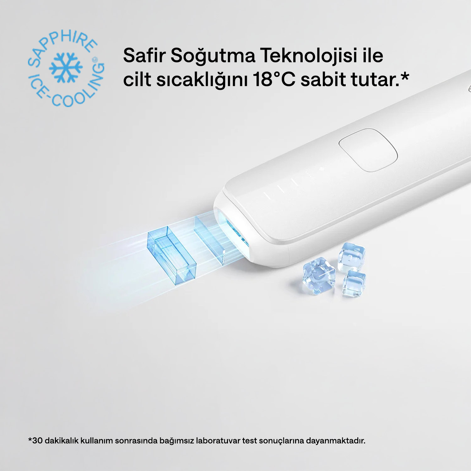Mavi ışık, buz küpleri ve cilt sıcaklığı kontrolü hakkında metin içeren beyaz bir cihaz. Arka plan beyaz.