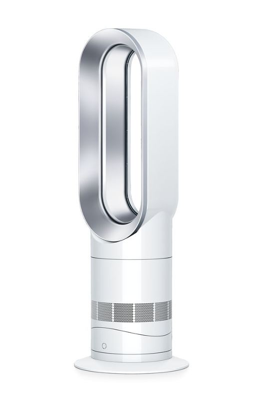 Un ventilador Dyson blanco y plateado sin aspas. Tiene una base cilíndrica, una parte superior ovalada y un anillo interior plateado.