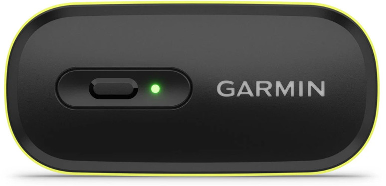 Czarne urządzenie Garmin z zielonym światłem, żółtym obramowaniem i logo Garmin.