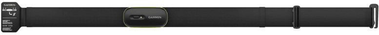 Czarny pasek do monitora pracy serca Garmin. Ma czarny czujnik, logo Garmin i regulowany pasek z klamrą.