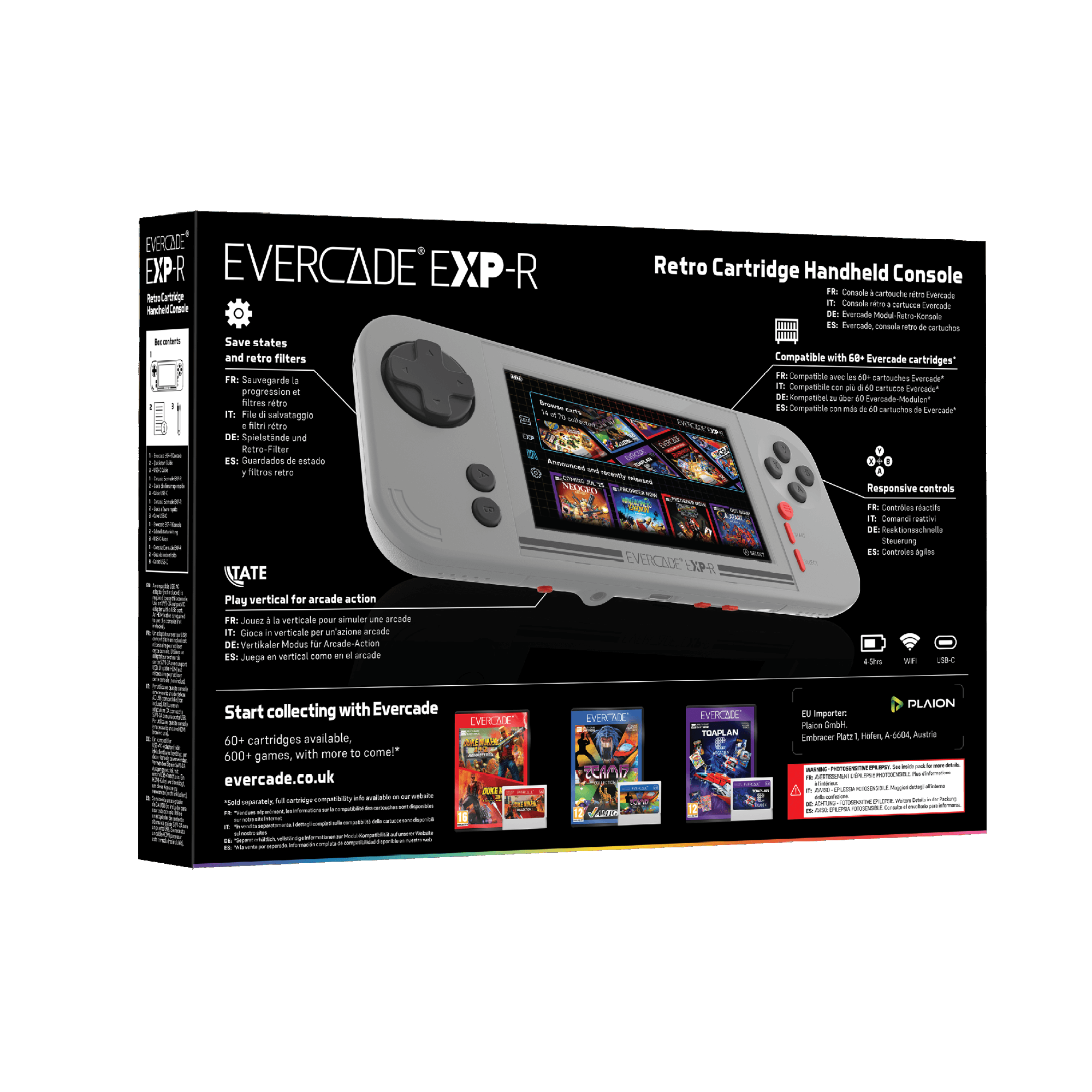 Graue Handheld-Konsole mit Bildschirm, der Spielmodule zeigt. Text enthält 'Evercade EXP-R' und Spieletitel.