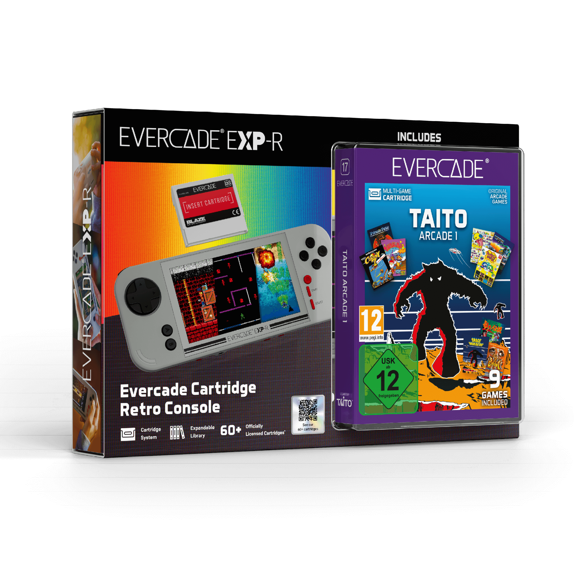 Evercade EXP-R-Spielkonsolenbox. Enthält Konsole, Cartridge und Taito Arcade 1-Spiel. Mit Spiel-Screenshots angezeigt.