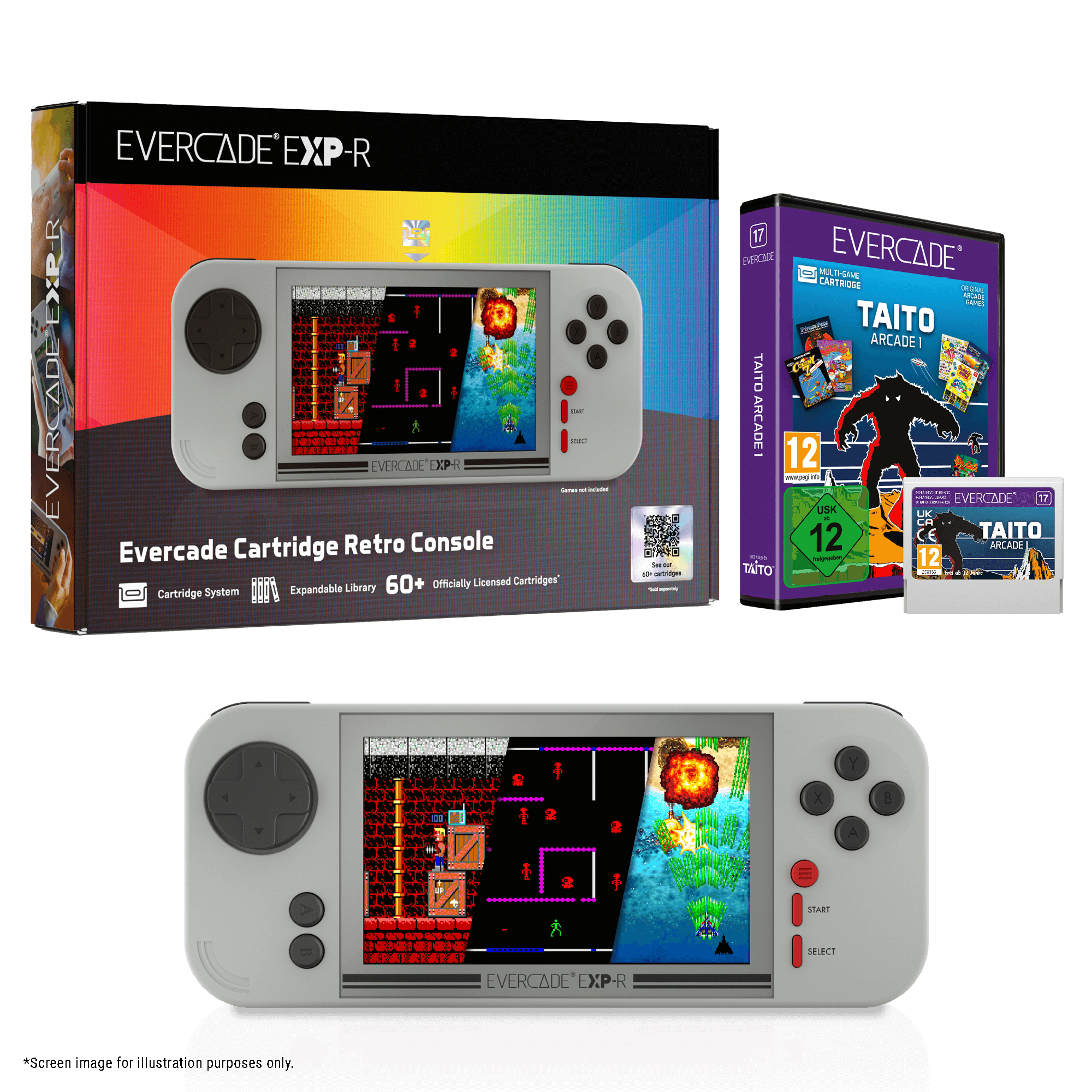 Eine Evercade EXP-R Handheld-Konsole und Spielmodule auf schwarzem Hintergrund. Die Konsole zeigt ein Retro-Spiel.