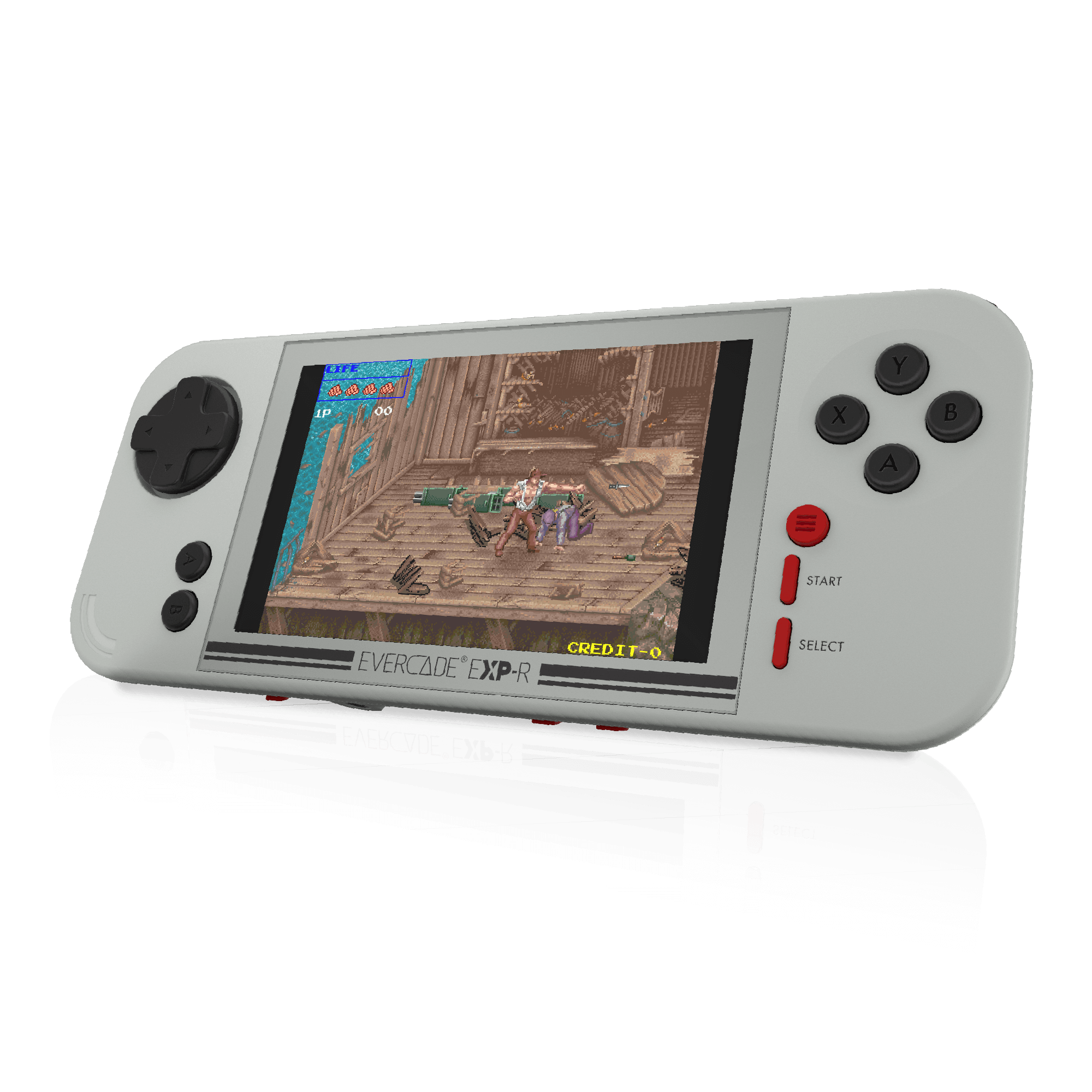 Graue Evercade EXP-R Handheld-Konsole. Der Bildschirm zeigt eine Retro-Videospielszene. Tasten und Richtungspad sind sichtbar.
