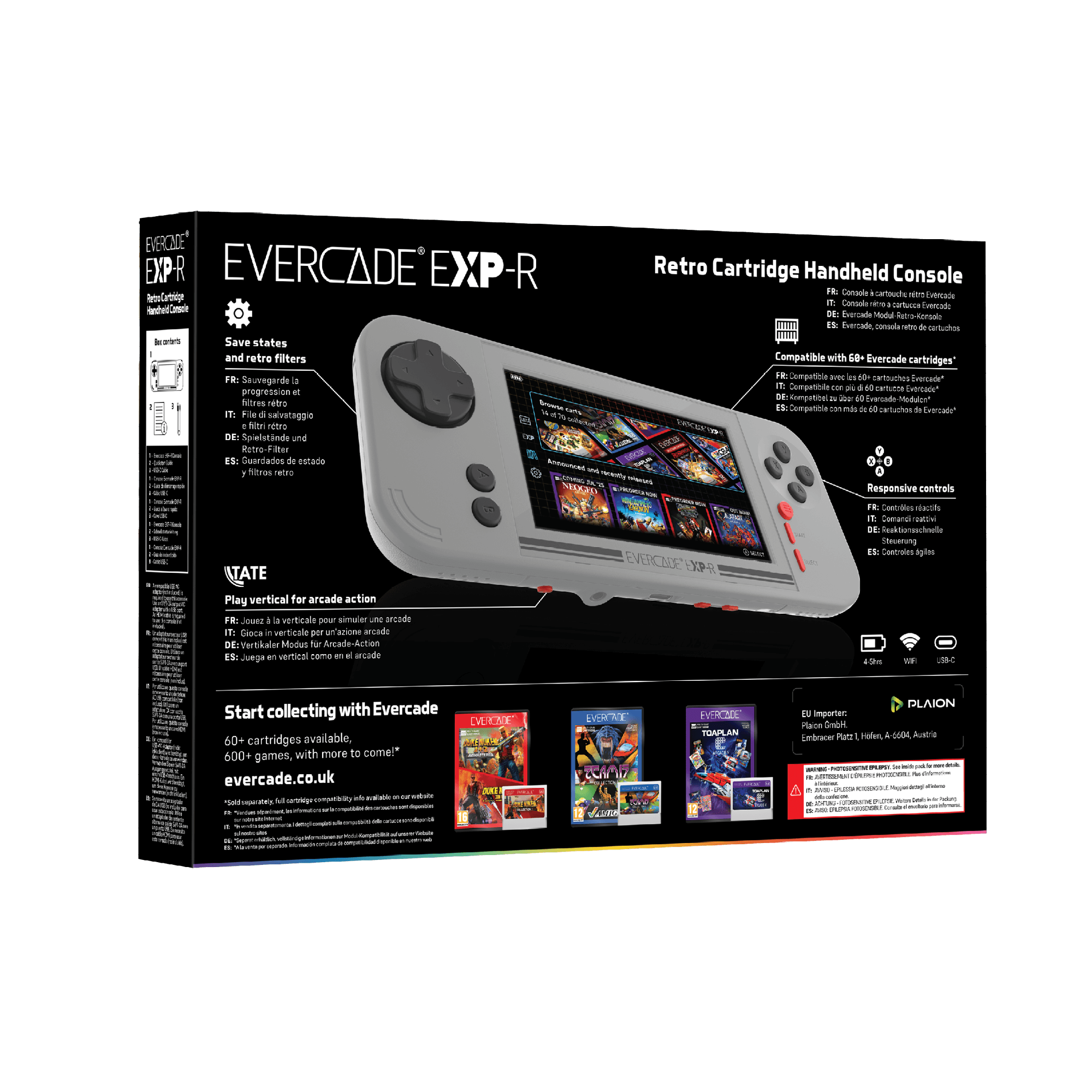 Eine Handheld-Konsole mit Bildschirm zeigt Spieletitel. Spielboxen darunter.