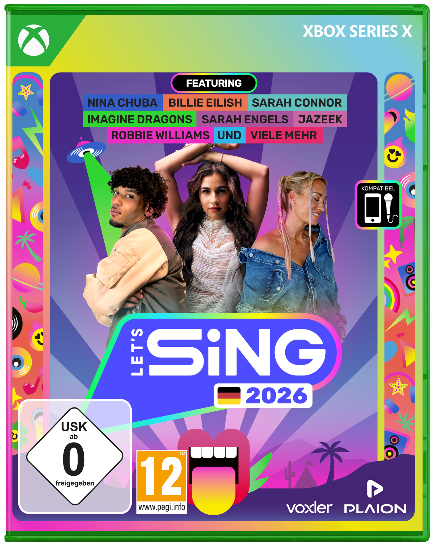 Spielecover mit Sängern. Titel 'Let's Sing 2026'. Enthält Künstler wie Billie Eilish. PEGI 12 Bewertung. Xbox Series X kompatibel.