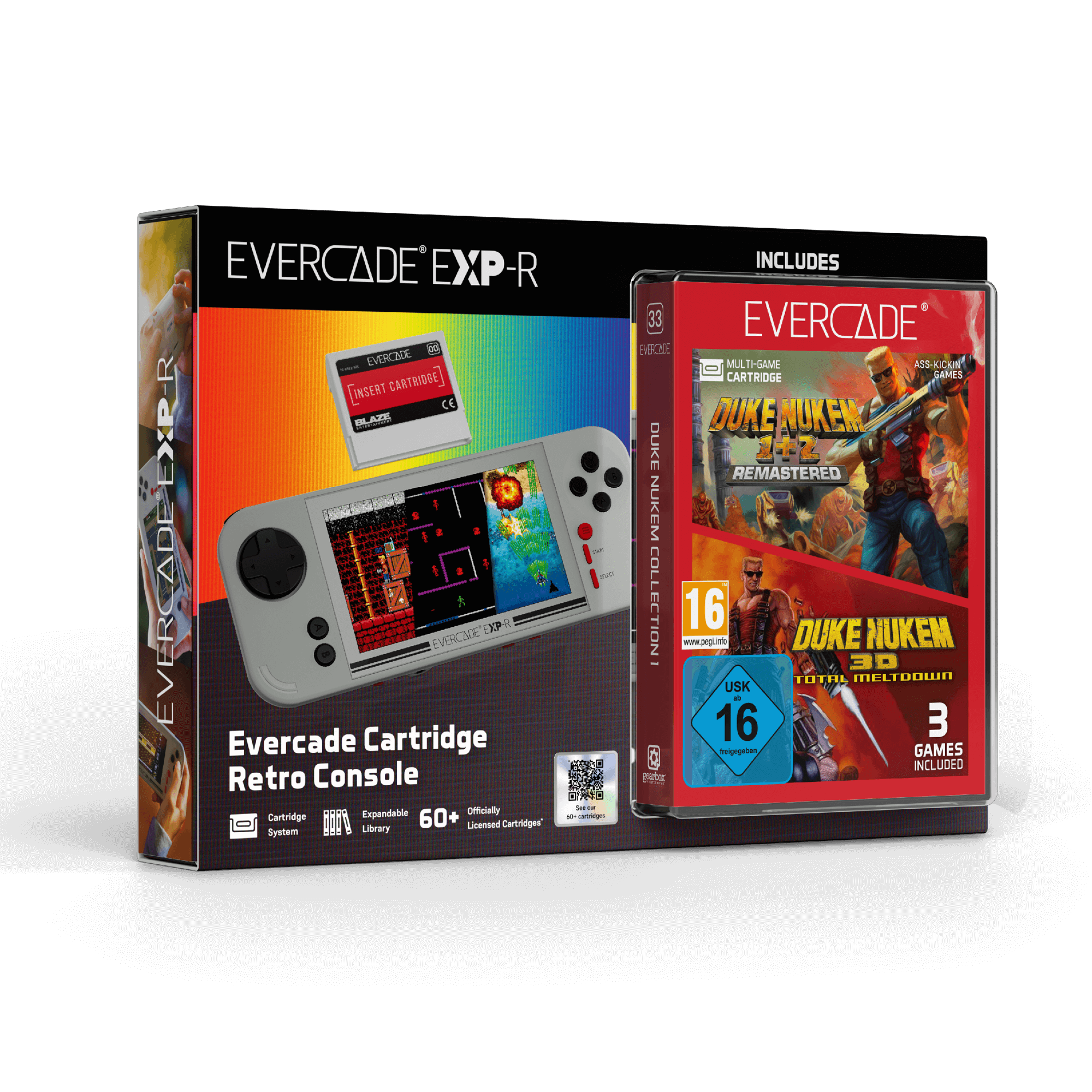 Eine Evercade EXP-R Retro-Konsolenbox mit einer Spielkartusche und einer Duke Nukem Spielbox.