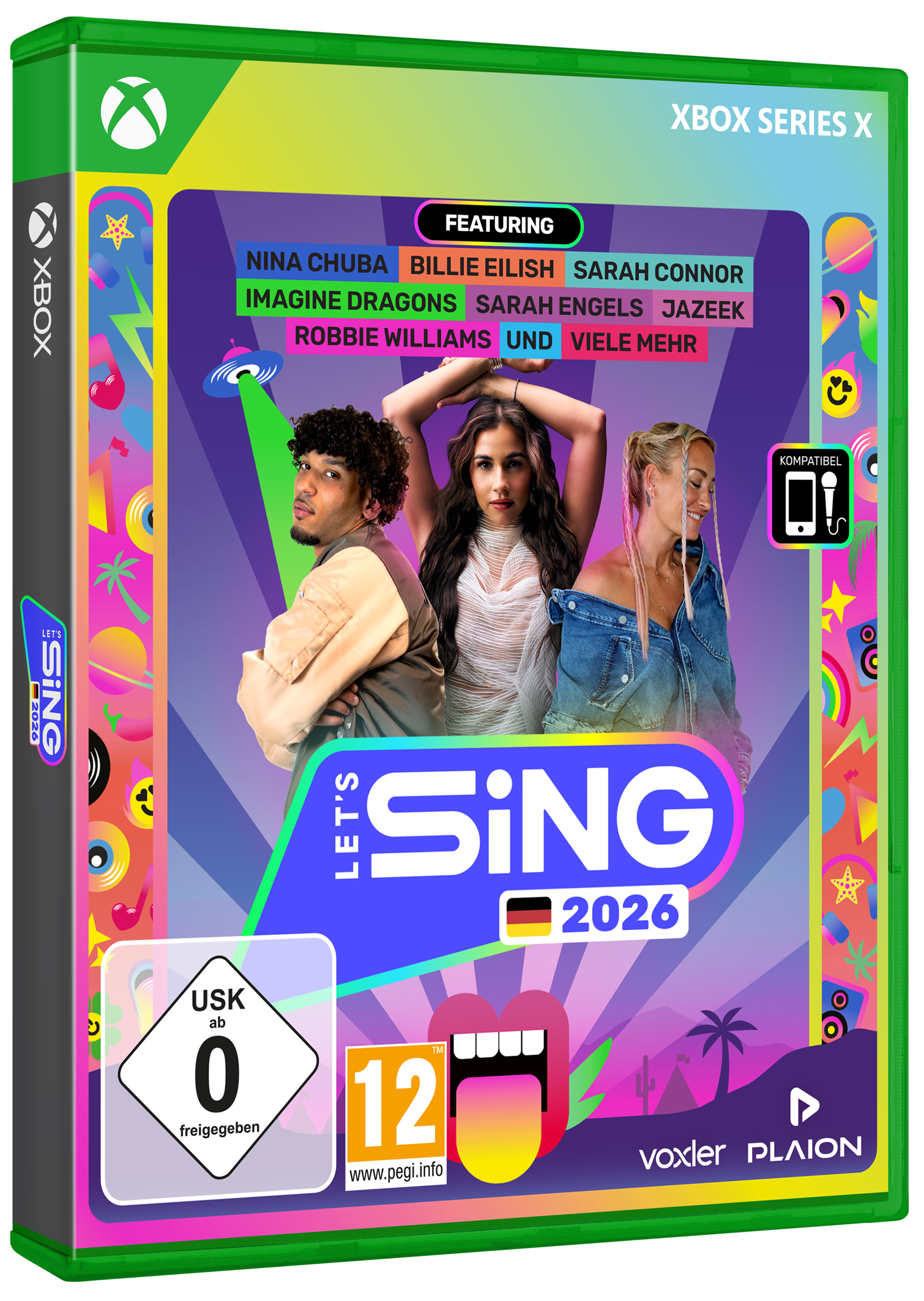 Xbox-Spielcover. Zeigt Sänger, Titel 'Let's Sing 2026'. Enthält Altersfreigaben und Kompatibilitätssymbole.