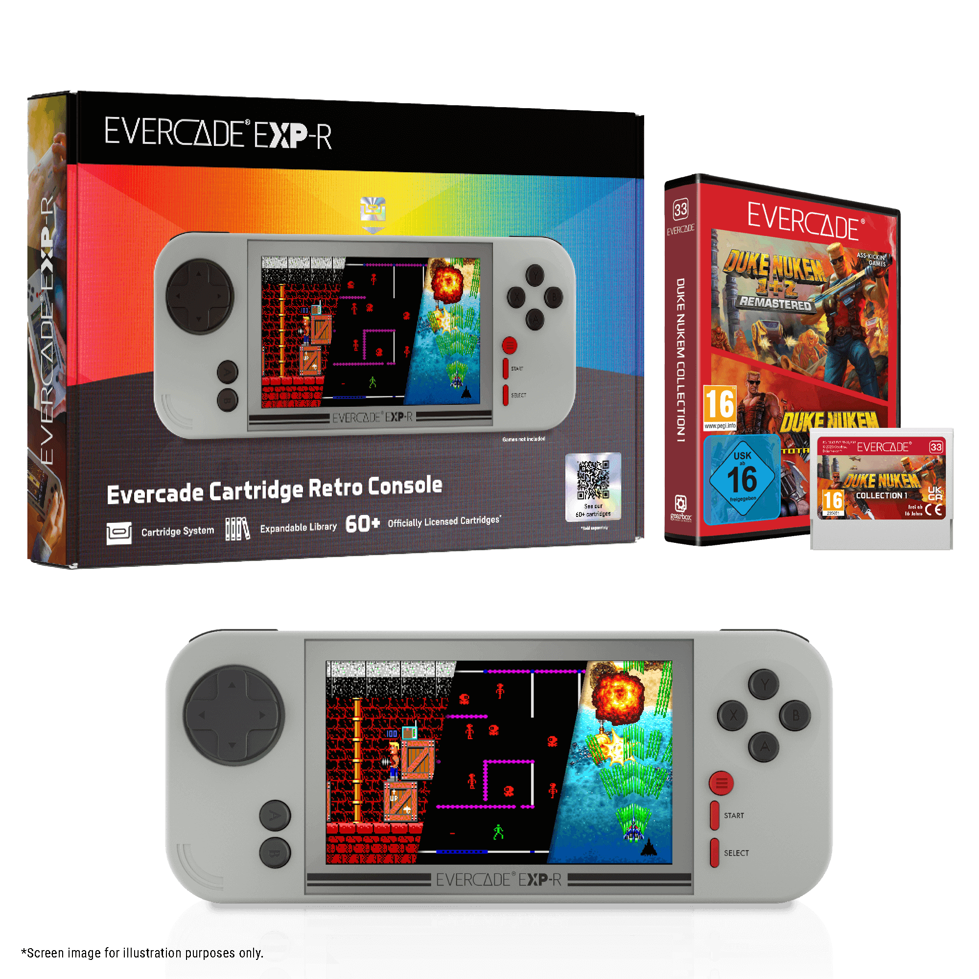 Eine Evercade EXP-R Konsole mit Spielkassette und Box. Die Konsole ist grau, der Bildschirm zeigt ein Retro-Spiel.
