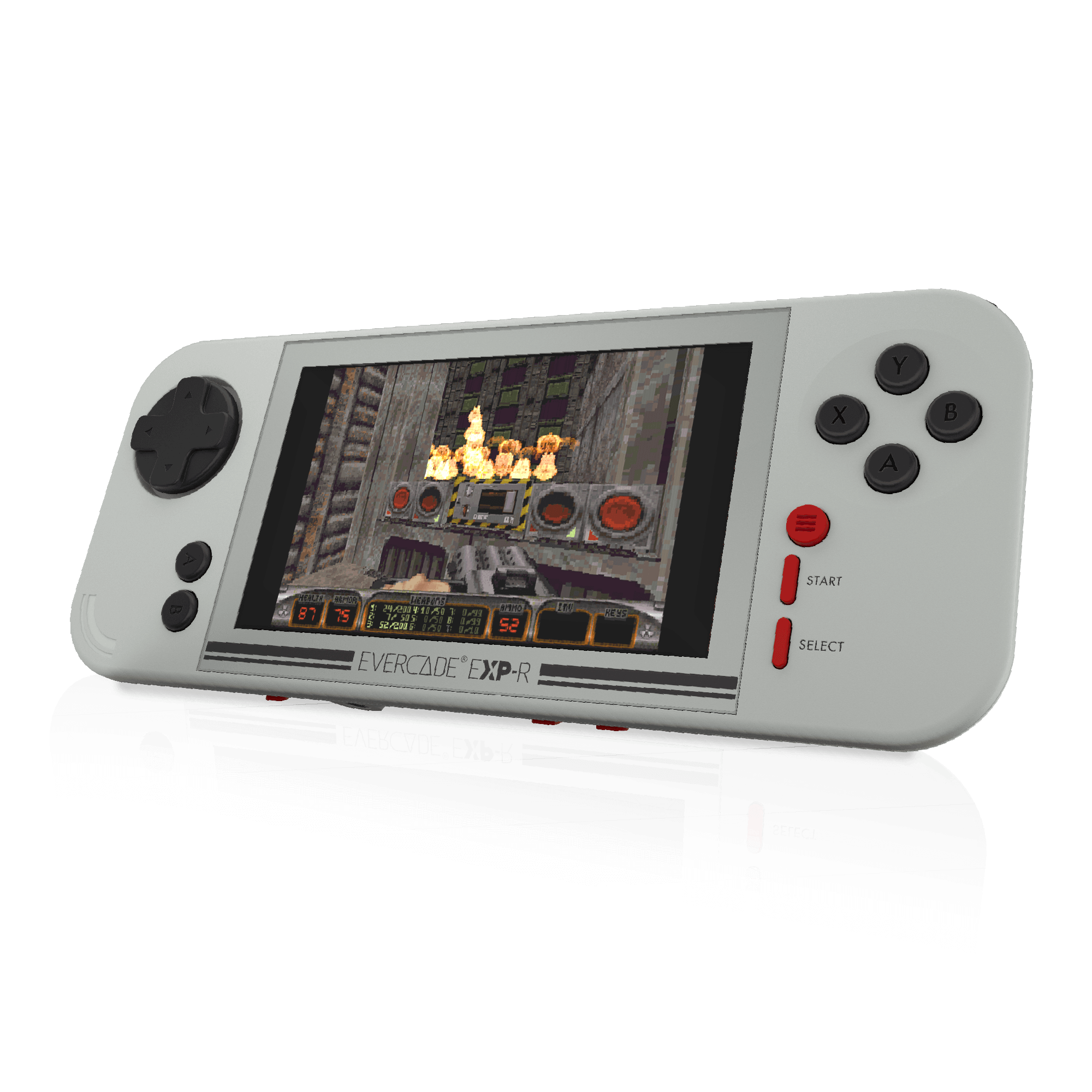 Eine graue Evercade EXP-R-Handheld-Konsole zeigt ein Retro-Videospiel. Tasten, Steuerkreuz und Bildschirm sind sichtbar.