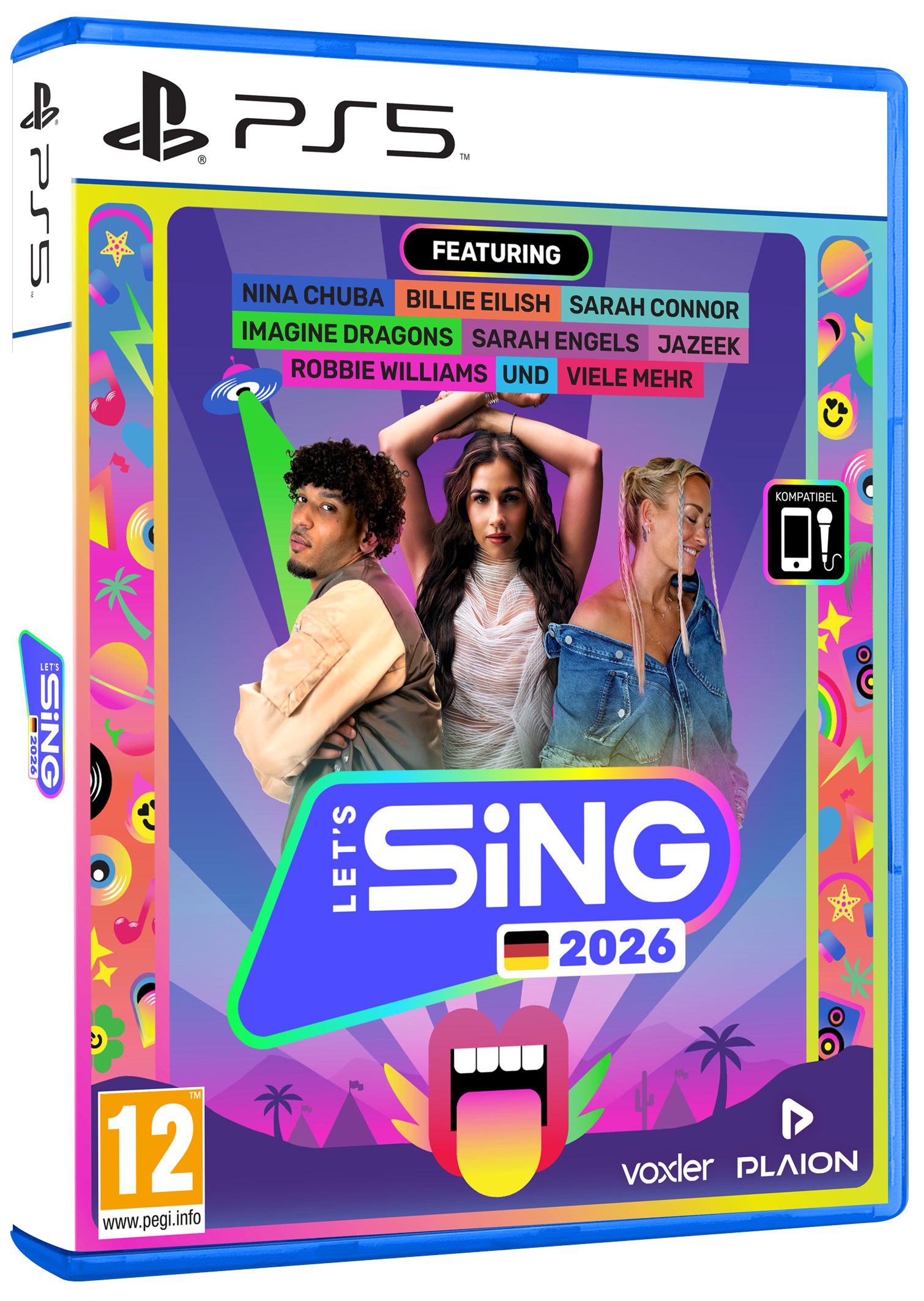 Das Cover des PS5-Spiels „Let's Sing 2026“ zeigt drei Sänger und enthält Songs von Nina Chuba, Billie Eilish und Imagine Dragons.