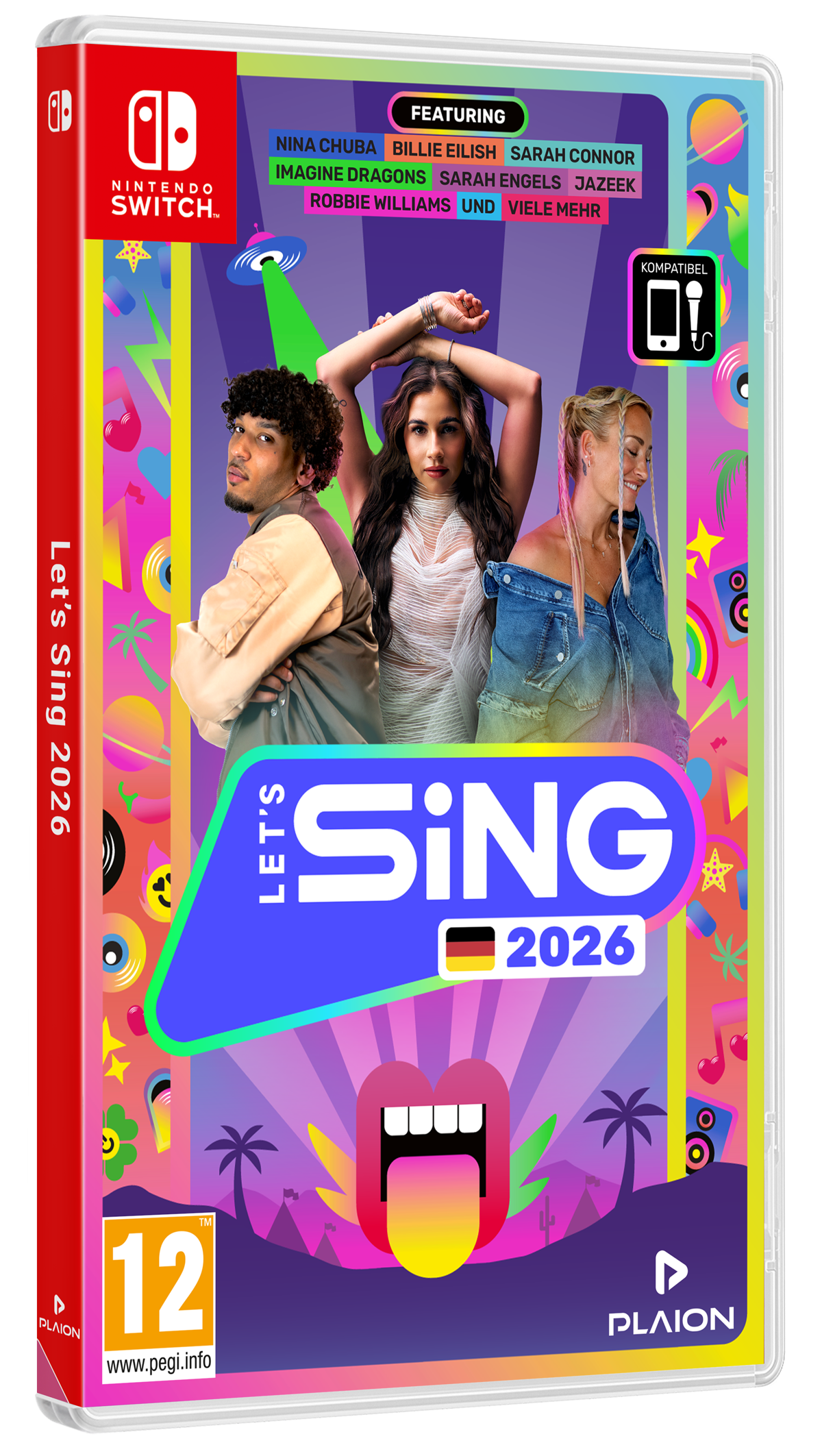 Spielcover für "Let's Sing 2026" mit Künstlern. Es hat ein helles Design mit drei Personen im Zentrum.