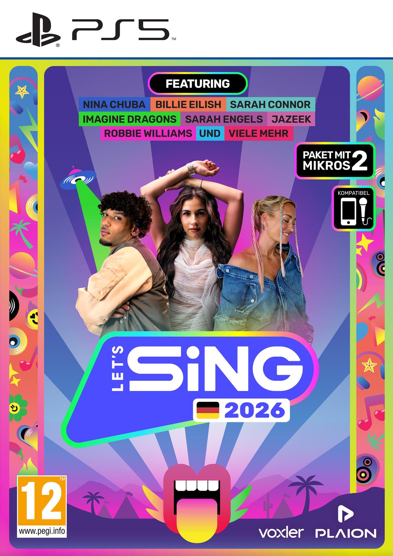 Spielcover: Let's Sing 2026. Enthält Künstler, PS5-Logo. Drei Personen im Zentrum, umgeben von bunten Grafiken.