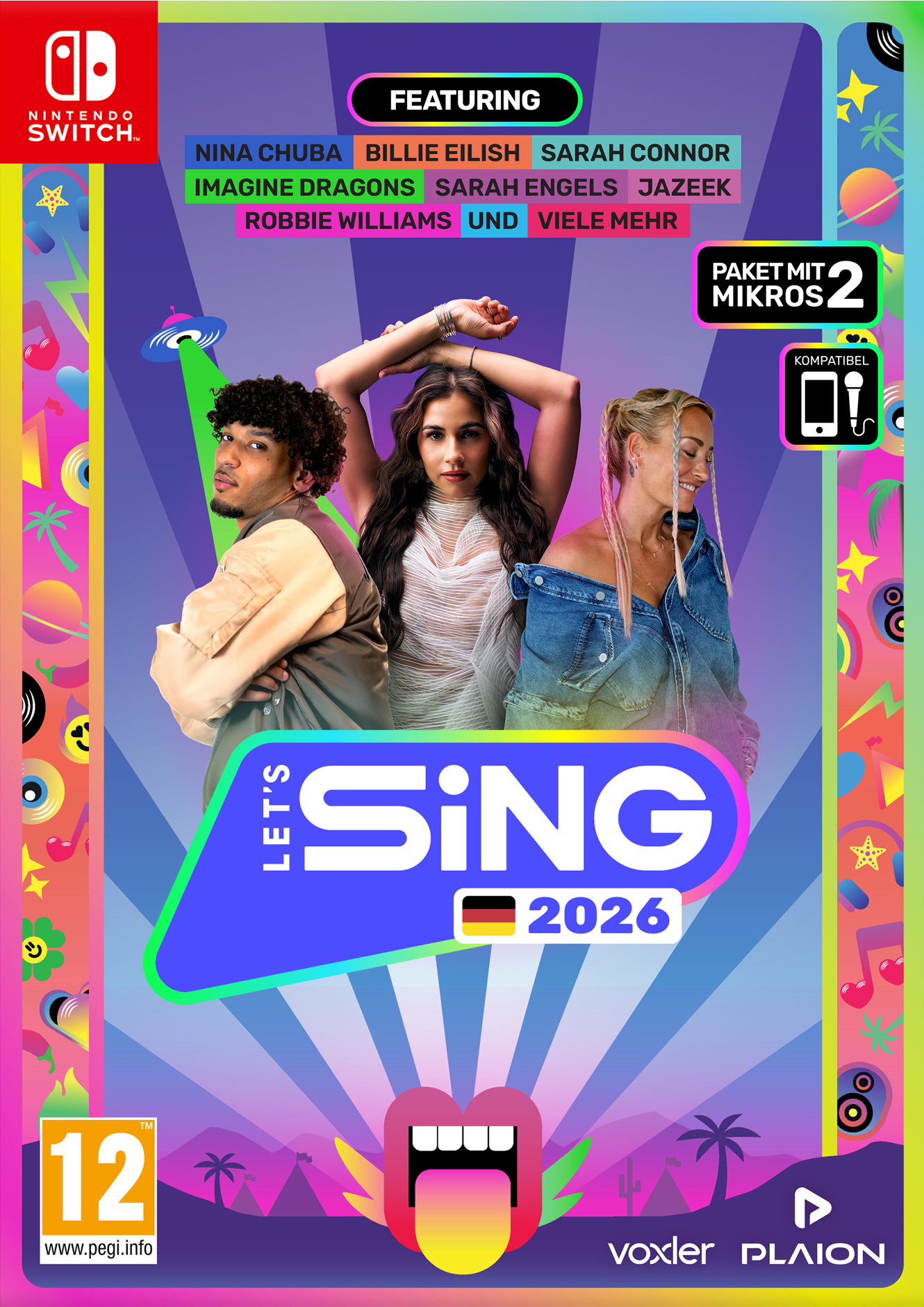 Spiel-Cover: 'Let's Sing 2026' mit Nina Chuba, Billie Eilish und Sarah Connor. Das Nintendo Switch-Logo ist sichtbar.