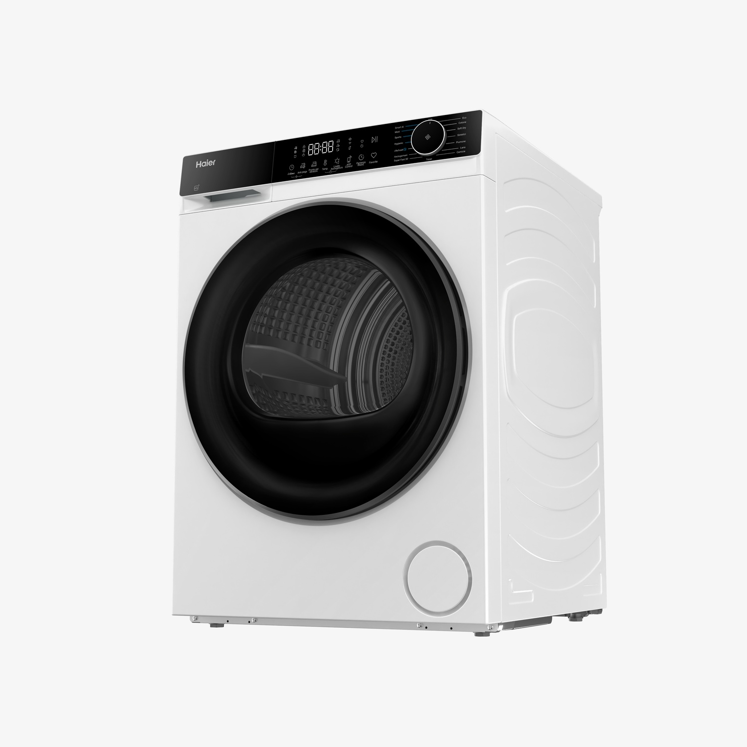 Un'asciugatrice Haier bianca. Ha una porta nera e un pannello di controllo con display digitale. L'asciugatrice è su sfondo bianco.