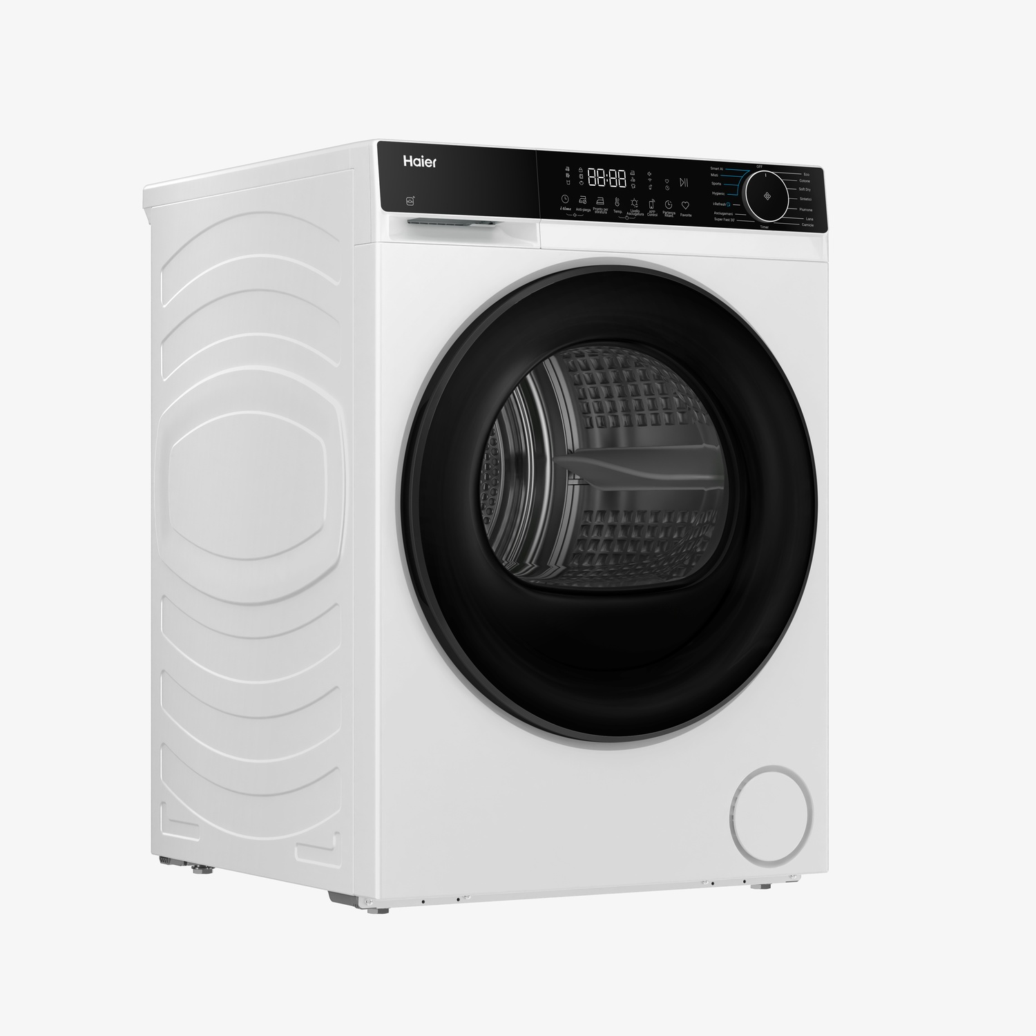 Lavatrice Haier bianca. Porta nera, pannello comandi con display digitale. Su sfondo bianco.