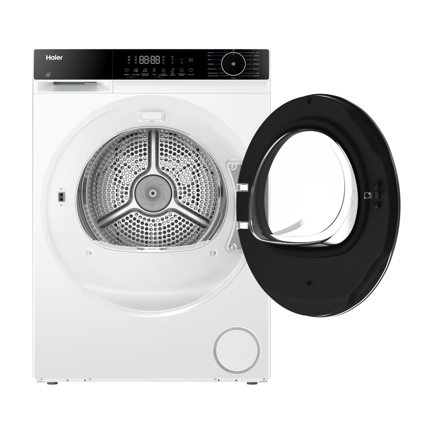 Un'asciugatrice Haier bianca con una porta nera aperta. Il tamburo interno è metallico. Un display digitale è in alto.