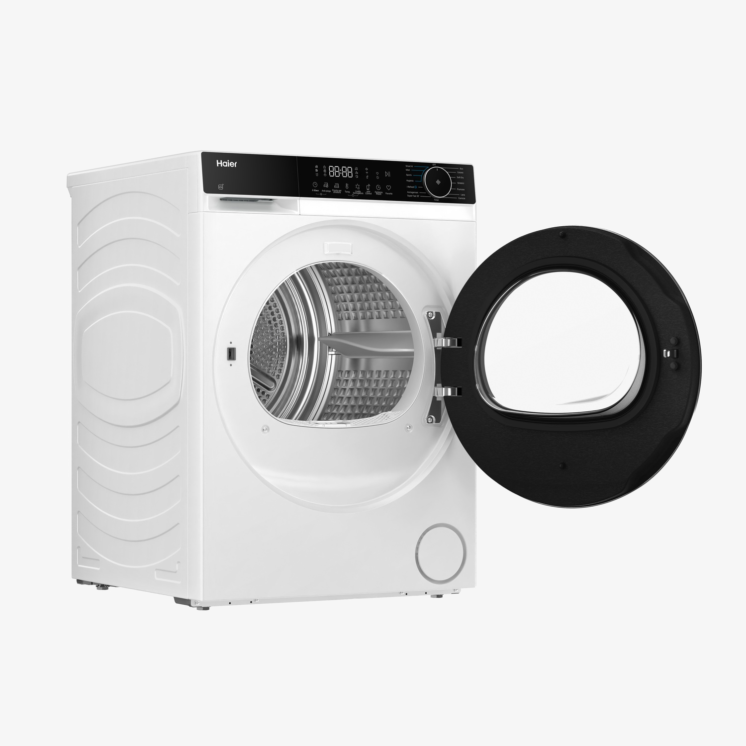 Un'asciugatrice Haier bianca con porta nera aperta. Il cestello è visibile. Il pannello di controllo è nero con display digitale e pulsanti.