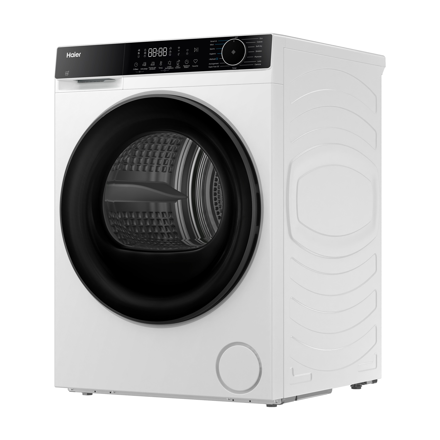 Una lavatrice Haier bianca. Ha una porta nera con display digitale e pannello comandi in alto.