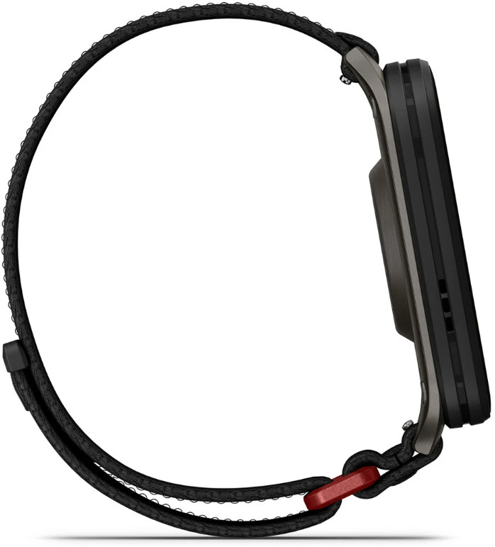 Widok z boku czarnej obroży dla psa z dołączonym urządzeniem. Obroża jest czarna z szarym i czerwonym zapięciem.