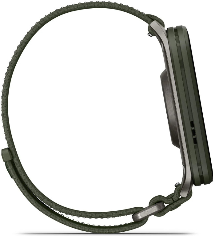 Widok z boku ciemnozielonego smartwatcha z pasującym paskiem. Pasek jest połączony z zegarkiem za pomocą metalowej klamry.