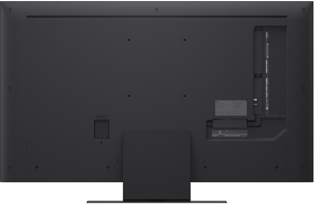 Vista posteriore di una TV LG grigio scuro. Ha porte e un supporto. Ci sono diverse viti sul retro. Un'etichetta LG è visibile.