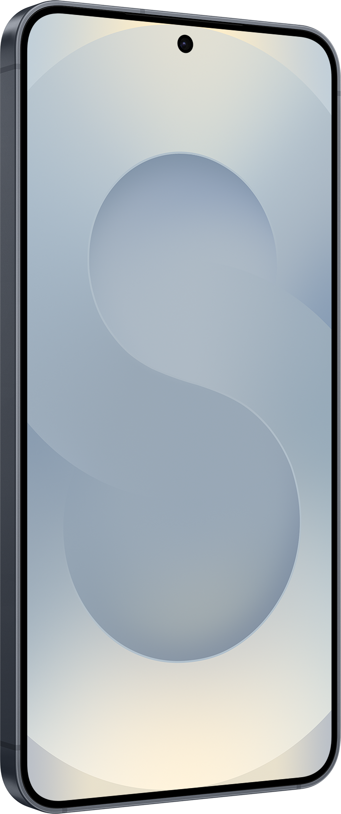 Uno smartphone con cornice nera e schermo grigio chiaro. Lo schermo presenta un design con forme curve e una fotocamera frontale.