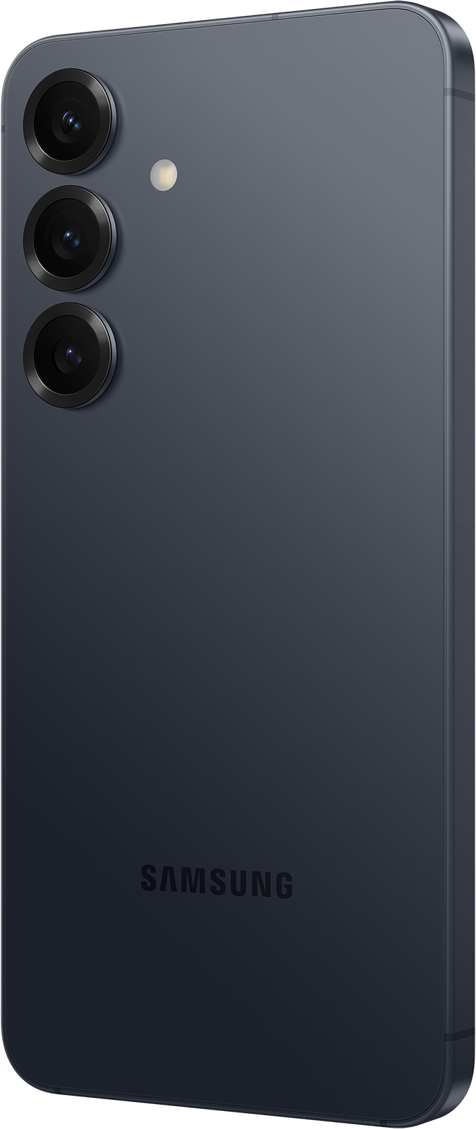 Uno smartphone Samsung blu scuro. Ha tre obiettivi e un flash sul retro. Il logo Samsung è visibile.