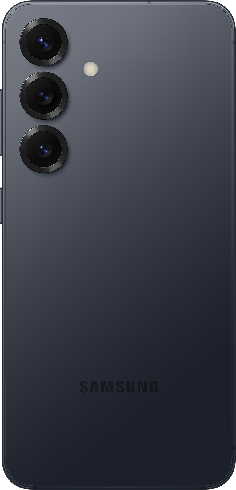 Retro di smartphone blu scuro con tre obiettivi, un flash e il logo Samsung.