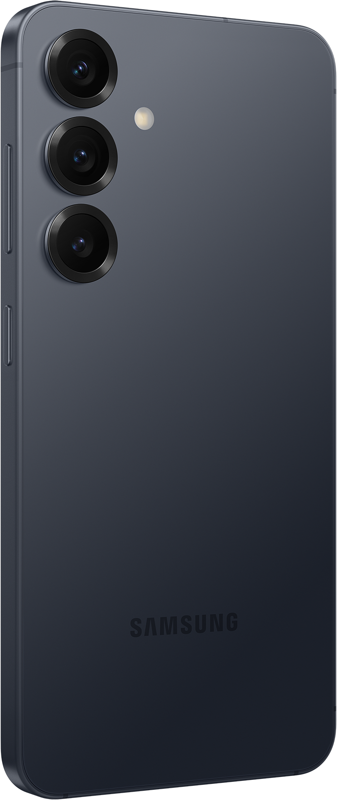 Un telefono Samsung blu scuro con tre obiettivi. Il logo Samsung è visibile. Il telefono è in posizione verticale.