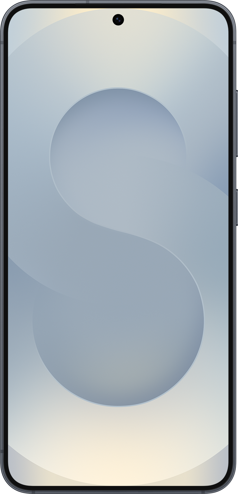 Smartphone-Bildschirm mit großem, abstraktem 'S' in Grau- und Blautönen, Frontkamera und schwarzem Rand.