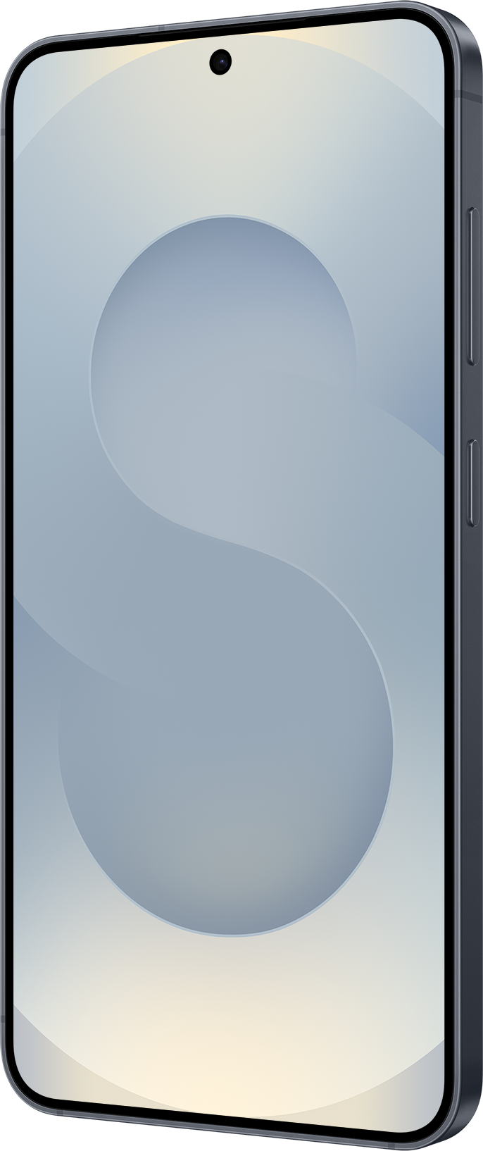 Ein graues Smartphone wird im Winkel gezeigt. Es hat ein großes, hellblaues Design auf dem Bildschirm. Oben befindet sich eine schwarze Kamera.
