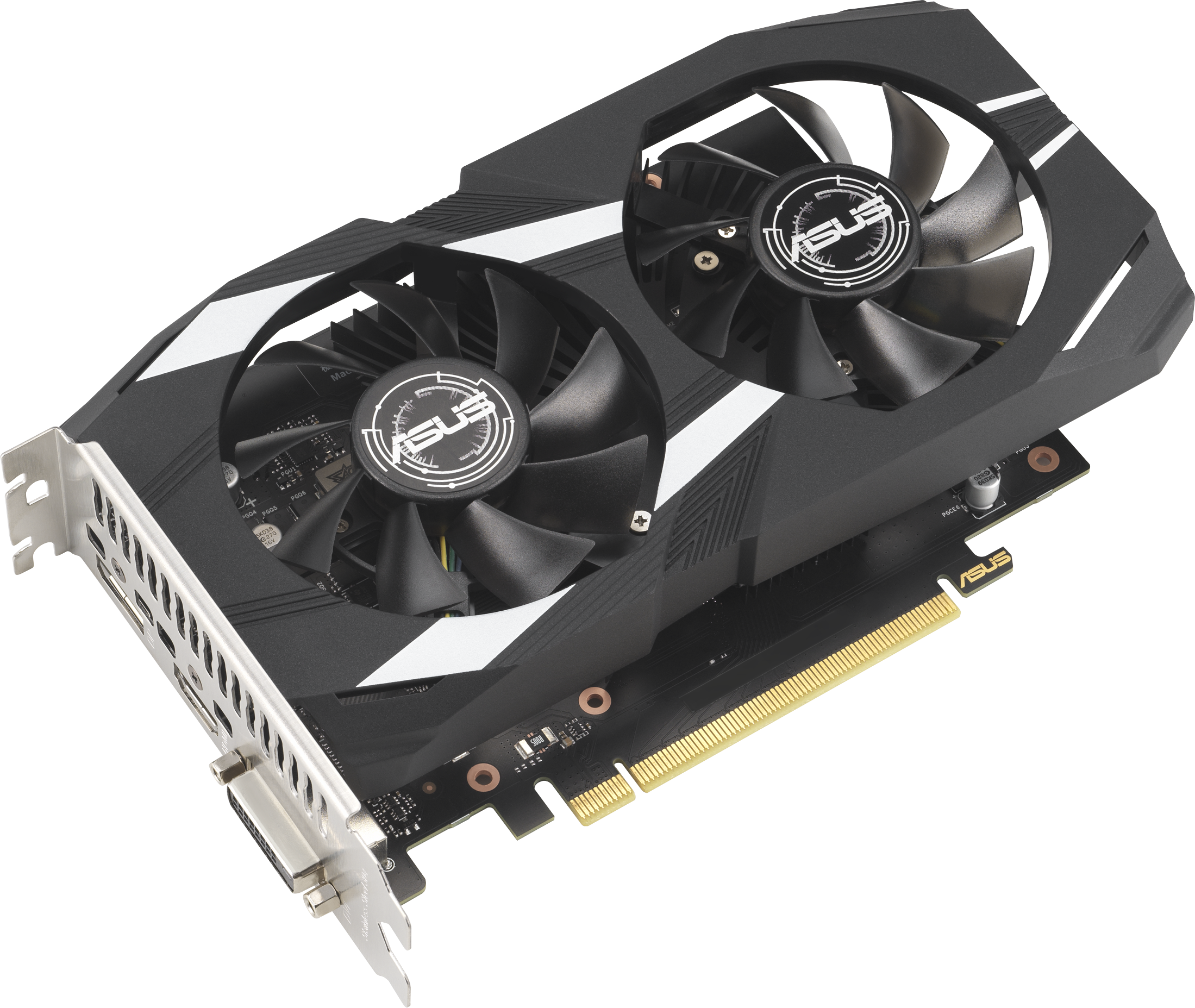 Une carte graphique ASUS noire et argentée avec deux ventilateurs. Les ventilateurs et le corps de la carte ont le logo ASUS.